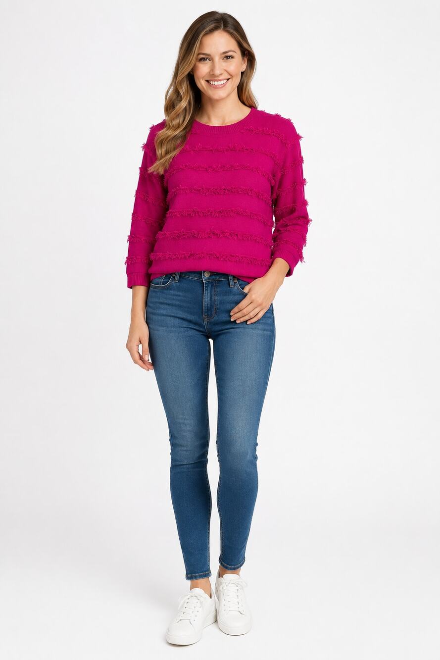 Edinburgh Knitwear Pima Cotton Fringe Stripe Crewneck Sweater Pink Womens Small